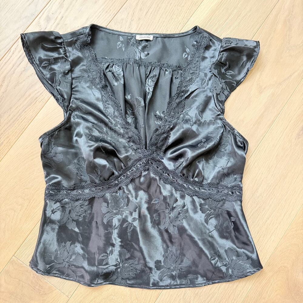 Kimchi Blue Lily Black Satin Lace Trim Milkmaid Plunge Top Women’s Size S - Picture 2 of 8